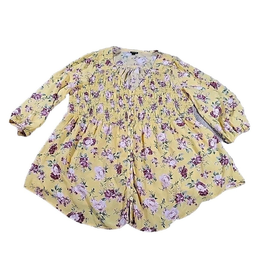 Torrid Plus Size 2 / 2X YELLOW Floral Button Down V-Neck 3/4 Sleeve Top